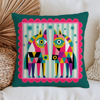 Retro Abstract Horses with Evil Eyes Maximalist  Cushion