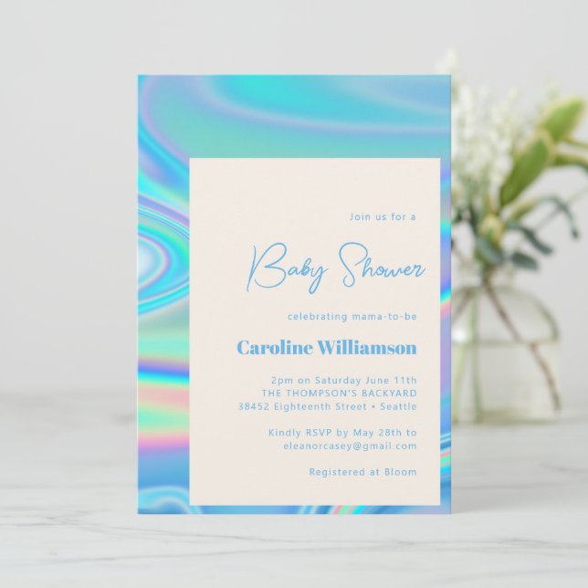 Retro Abstract Iridescent Blue Unique Baby Shower Invitation (Standing Front)