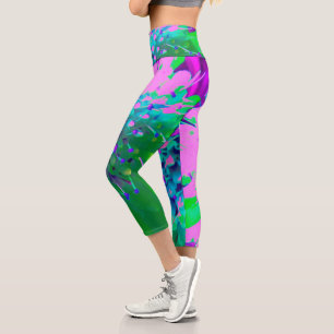 Retro Abstract Magenta and Lime Green Flower Capri Leggings