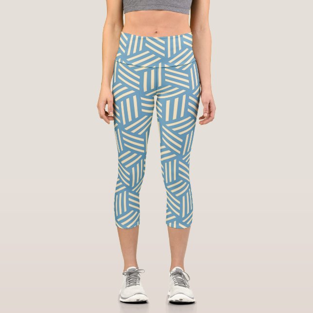 Retro Abstract Optical Illusion Cubes Pattern Blue Capri Leggings (Front)