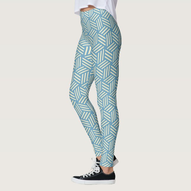 Retro Abstract Optical Illusion Cubes Pattern Blue Leggings (Left)