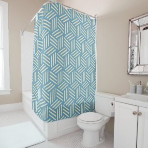 Retro Abstract Optical Illusion Cubes Pattern Blue Shower Curtain