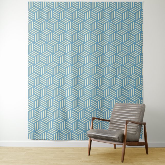 Retro Abstract Optical Illusion Cubes Pattern Blue Tapestry (In Situ)