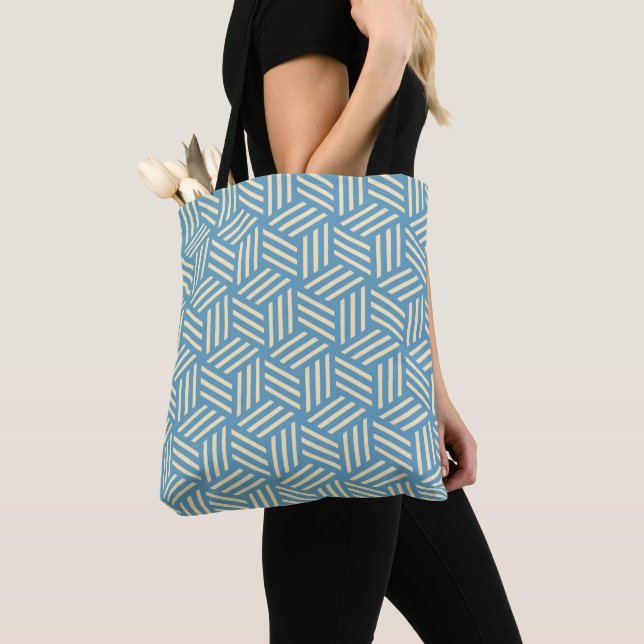 Retro Abstract Optical Illusion Cubes Pattern Blue Tote Bag (Close Up)