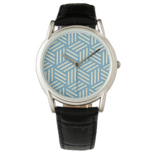 Retro Abstract Optical Illusion Cubes Pattern Blue Watch