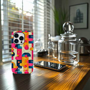 Retro Abstract Shapes Customisable Design In Pink iPhone 14 Pro Case