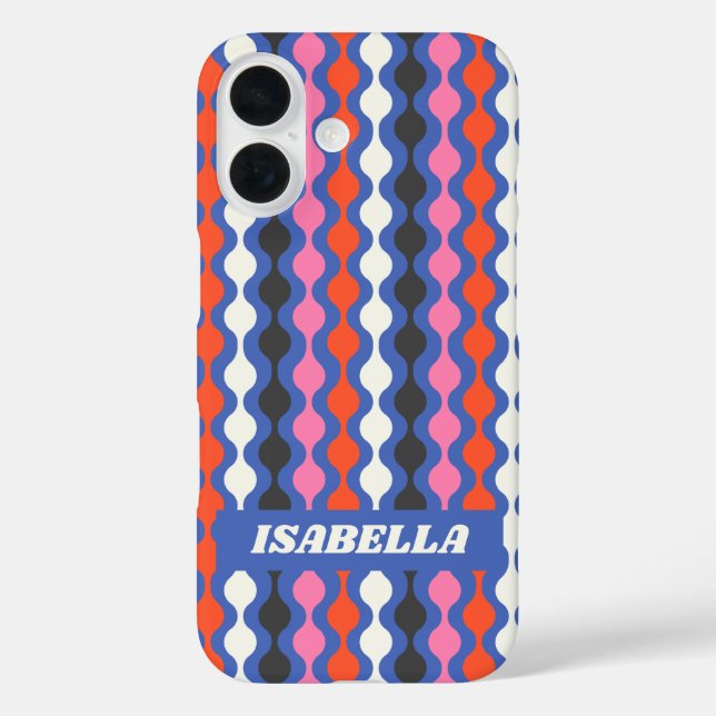 Retro Abstract Stripes Blue Pink Personalised Name Case-Mate iPhone Case (Back)