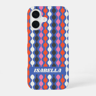 Retro Abstract Stripes Blue Pink Personalised Name iPhone 16 Case