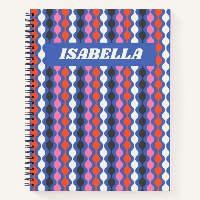 Retro Abstract Stripes Blue Pink Personalised Name Notebook (Front)