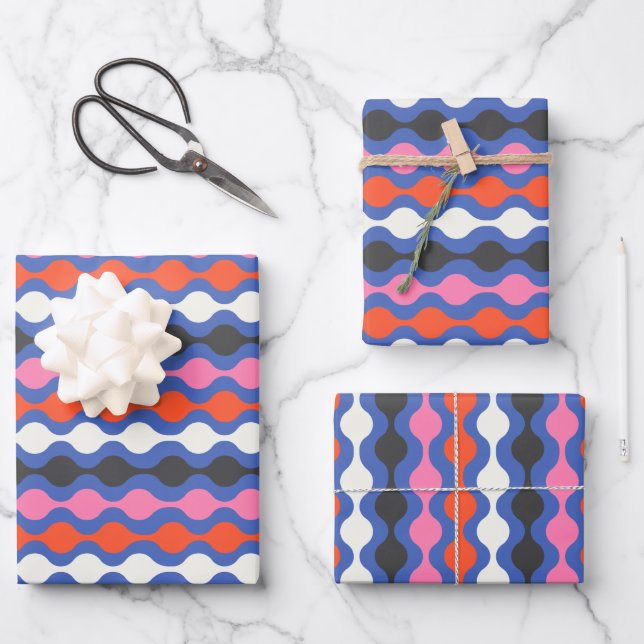 Retro Abstract Stripes in Bright Blue and Pink Wrapping Paper Sheet (Front)