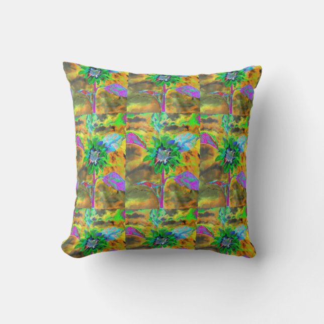 Retro abstract sunflower painting green gold cushion (Front)
