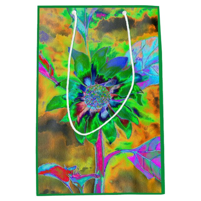 Retro abstract sunflower painting green gold medium gift bag (Front)