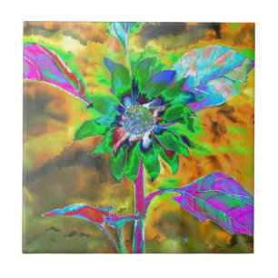 Retro abstract sunflower painting green gold tile