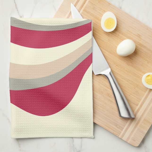Retro Abstract Waves, Magenta, Pink, Grey, Cream Tea Towel (Quarter Fold)