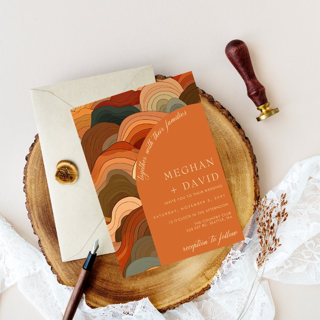 Retro Abstract Waves Terracotta Orange Wedding Invitation (Retro Abstract Waves Terracotta Orange Wedding Invitation)
