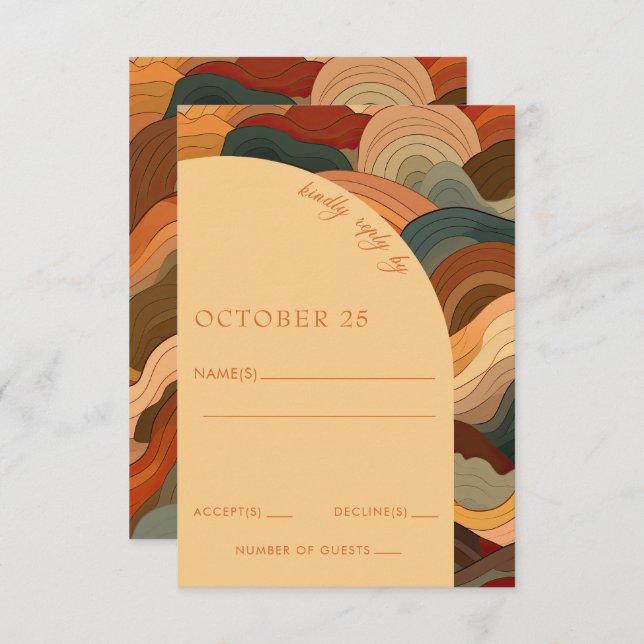 Retro Abstract Waves Terracotta Orange Wedding RSVP Card (Front/Back)