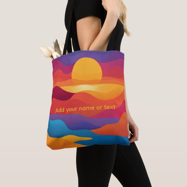 Retro Abstract Wavy Sunset Custom Name Tote Bag (Close Up)