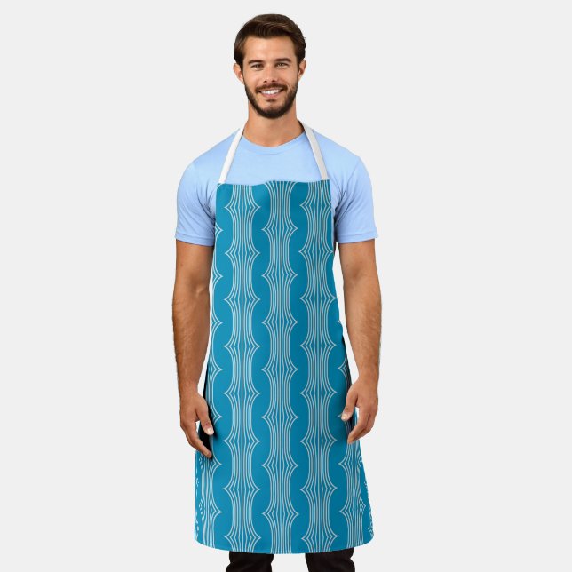 Retro Abstract White Lines on Blue Pattern Apron (Worn)