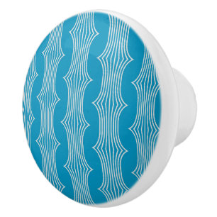 Retro Abstract White Lines on Blue Pattern Ceramic Knob