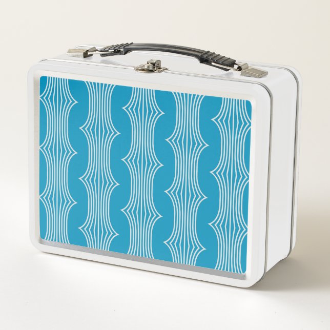 Retro Abstract White Lines on Blue Pattern Metal Lunch Box (Front)
