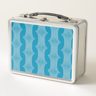Retro Abstract White Lines on Blue Pattern Metal Lunch Box