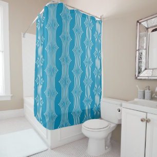 Retro Abstract White Lines on Blue Pattern Shower Curtain