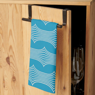 Retro Abstract White Lines on Blue Pattern Tea Towel