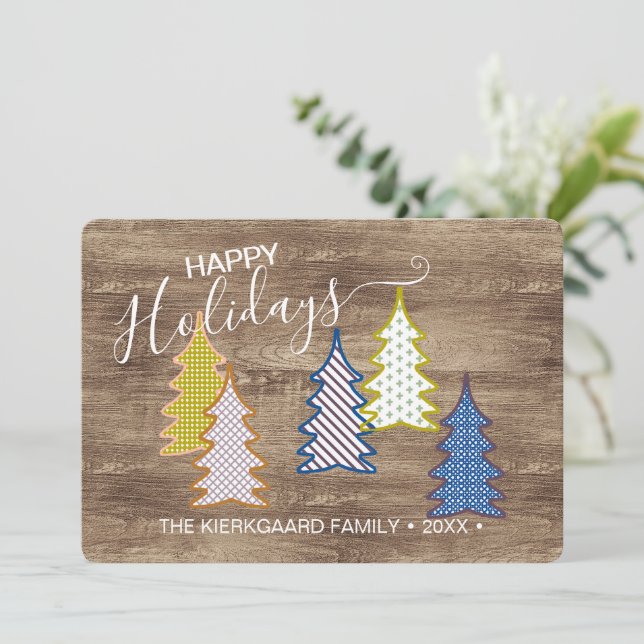 Retro Abstract Xmas Trees On Woodgrain Pattern Holiday Card (Standing Front)
