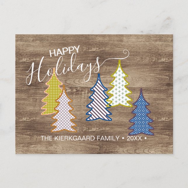 Retro Abstract Xmas Trees On Woodgrain Pattern Postcard (Front)