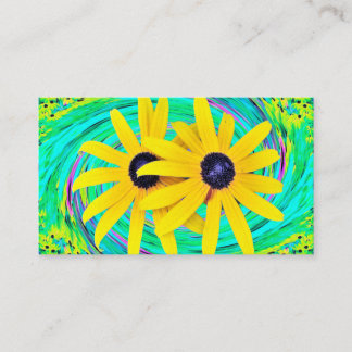 Retro Abstract Yellow Flowers on Aqua Swirl Business Card