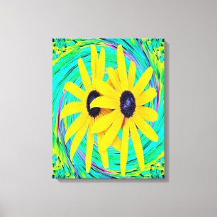 Retro Abstract Yellow Flowers on Aqua Swirl Canvas Print