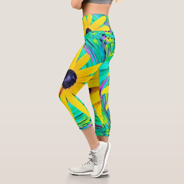 Retro Abstract Yellow Flowers on Aqua Swirl Capri Leggings (Left)