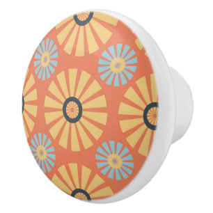 Retro Abstrat Blue and Orange Daisies Pattern Ceramic Knob
