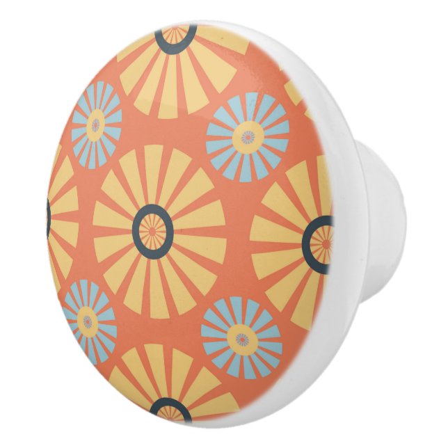 Retro Abstrat Blue and Orange Daisies Pattern Ceramic Knob (Right)