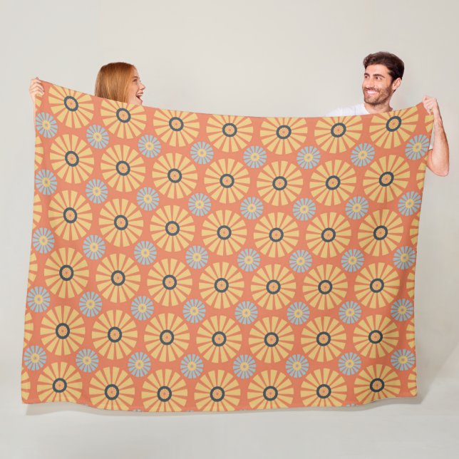 Retro Abstrat Blue and Orange Daisies Pattern Fleece Blanket (In Situ)