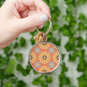Retro Abstrat Blue and Orange Daisies Pattern Key Ring