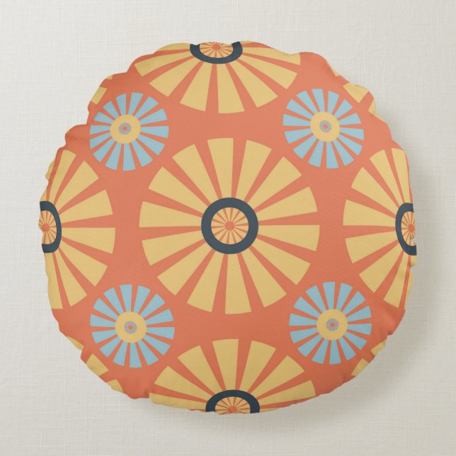 Retro Abstrat Blue and Orange Daisies Pattern Round Cushion (Front)