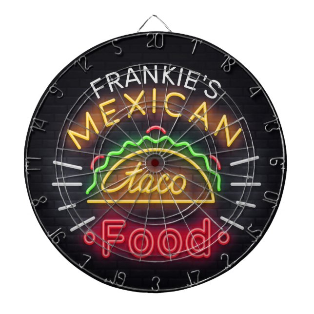 Retro ADD NAME Faux Neon Mexican Food Taco Diner Dartboard (Front)