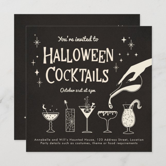 Retro Adult Halloween Drinks and Cocktails invite (Front/Back)