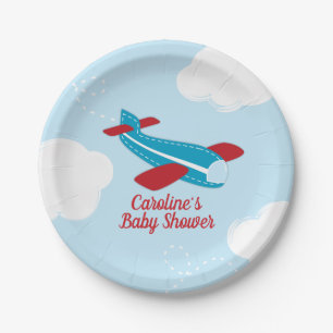 Retro Aeroplane Baby Shower in Red and Blue Paper Plate