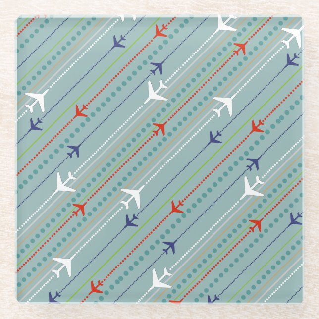 Retro Aeroplane Pattern Marble Glass Coaster (Front)