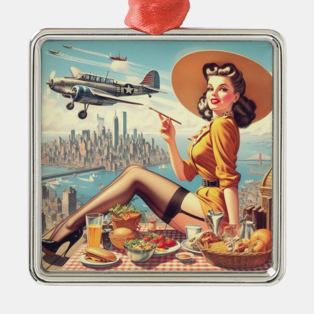 Retro Aeroplane Pin-up Illustration Metal Tree Decoration (Front)