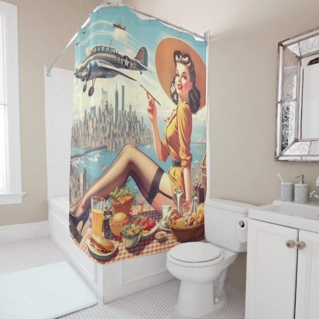 Retro Aeroplane Pin-up Illustration Shower Curtain (In Situ)