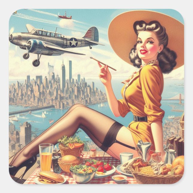 Retro Aeroplane Pin-up Illustration Square Sticker (Front)