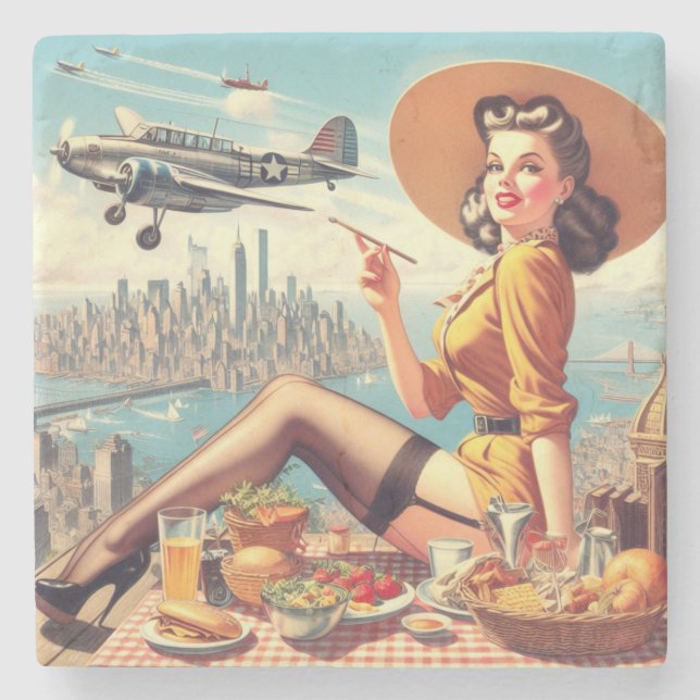 Retro Aeroplane Pin-up Illustration Stone Coaster (Front)