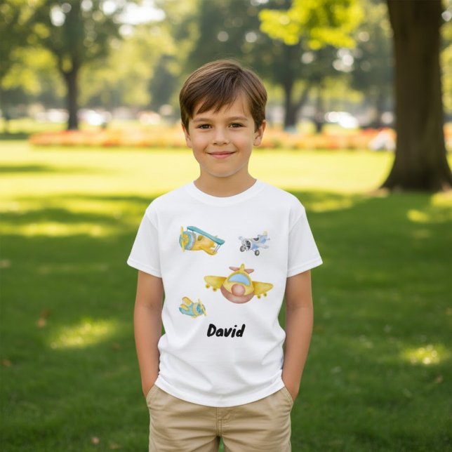 Retro Aeroplane Watercolor Customised Name T-Shirt (Creator Uploaded)