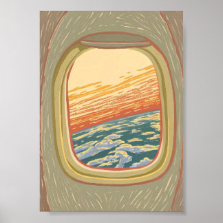 Retro Aeroplane Window View Sunset Clouds Travel  Poster
