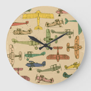 Retro Aeroplanes: Cracked Vintage Pattern. Large Clock
