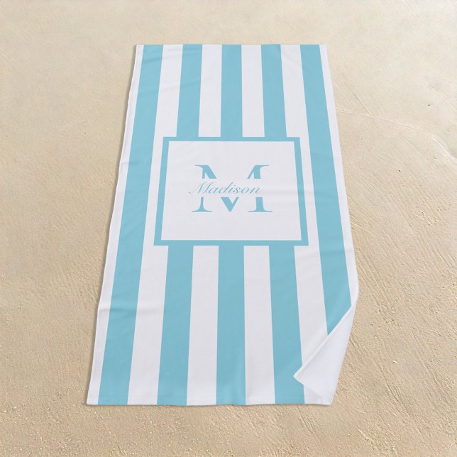 Retro Aesthetic Blue White Personalised Monogram  Beach Towel (Creator Uploaded)