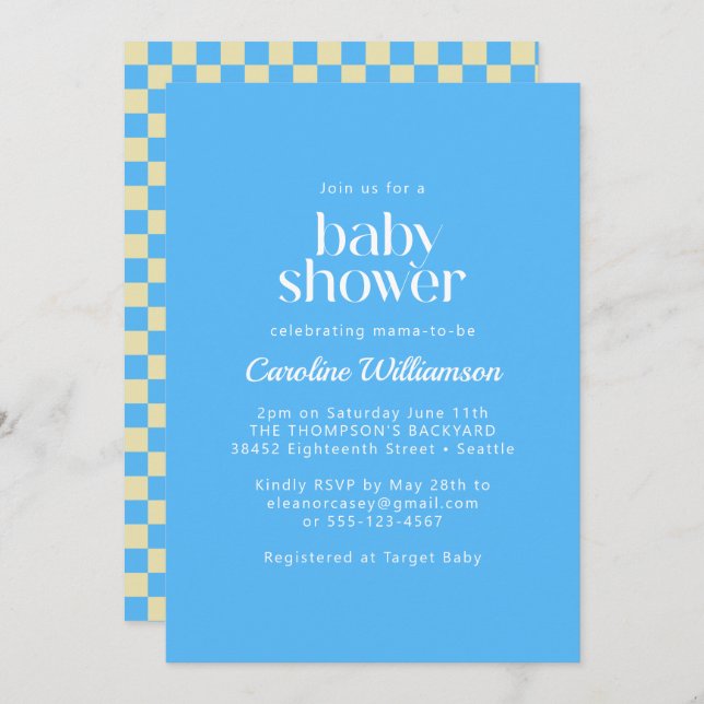 Retro Aesthetic Chequerboard Blue Baby Shower Invitation (Front/Back)